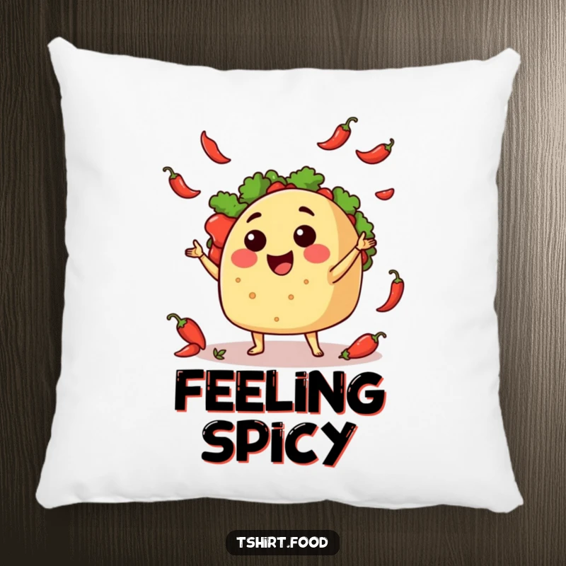 Funny Pillow: A cheerful taco character cheerfully juggling miniature chili peppers, adding a playful touch to any room.