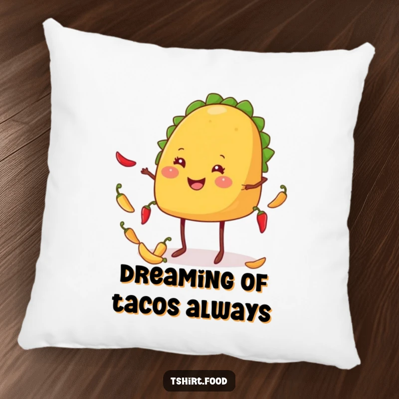 Funny taco pillow featuring a smiling taco with legs juggling tiny chiles, embodying soft, edible humor.
