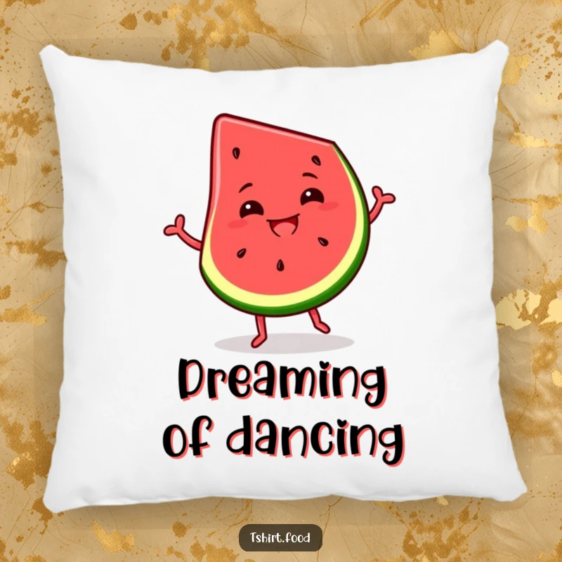 Funny plush pillow featuring a slice of watermelon dancing with a wide, silly grin, perfect for adding comfort and cheer.