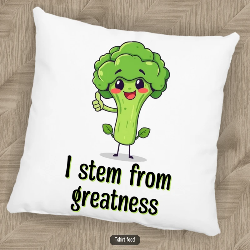 Funny broccoli character giving a thumbs up, balancing on its stem, on a soft pillow. A comfortable and comical accent.