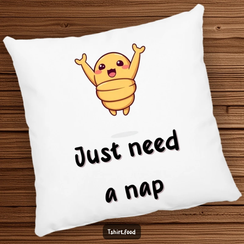 Funny pillow featuring a surprised croissant character in a dynamic mid-air leap, arms up in an expression of pure, buttery delight.