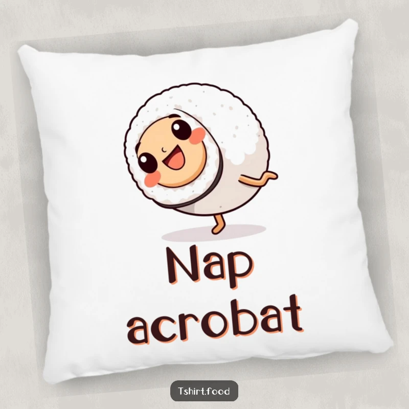 Funny Pillow: A happy sushi roll with tiny legs performs a cartwheel, bringing soft, playful humor and comfort to any room.