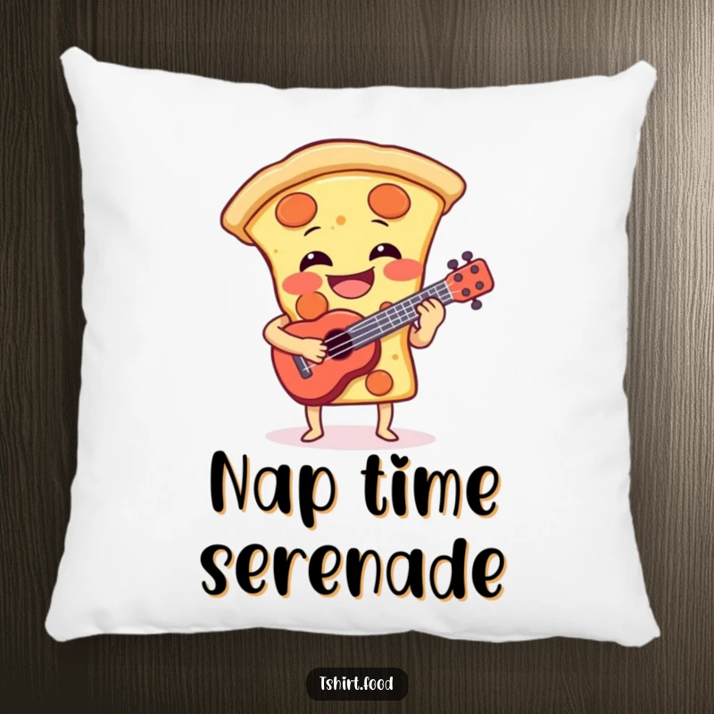 Funny pillow with a laughing pizza slice playing a tiny ukulele, offering comfort and a dose of musical humor. A funny gift.