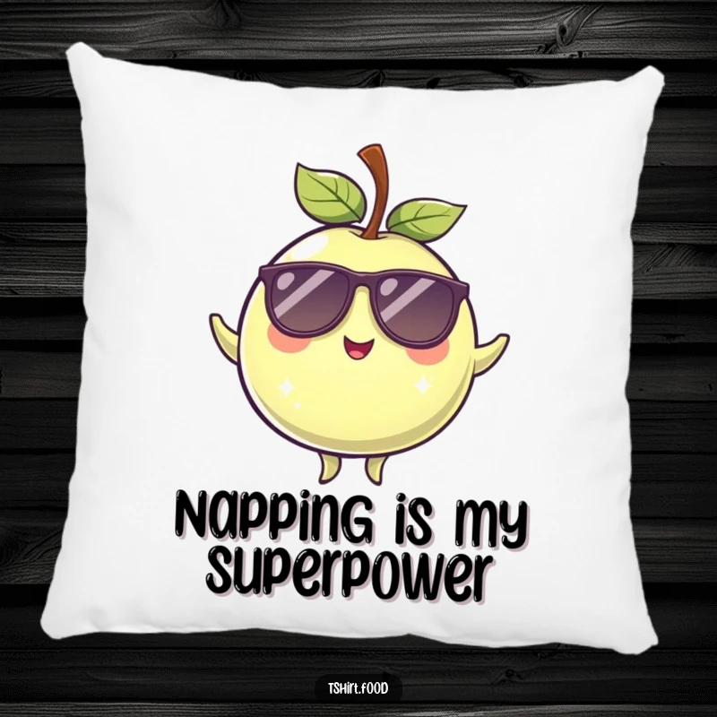 Funny winking plum with sunglasses, in a cool, balanced pose, featured on a soft and decorative pillow.