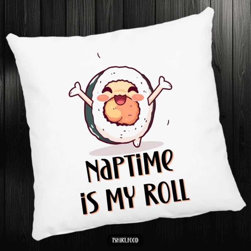 Funny sushi pillow featuring a smiling sushi roll with arms doing a cartwheel, embodying soft, delightful energy.