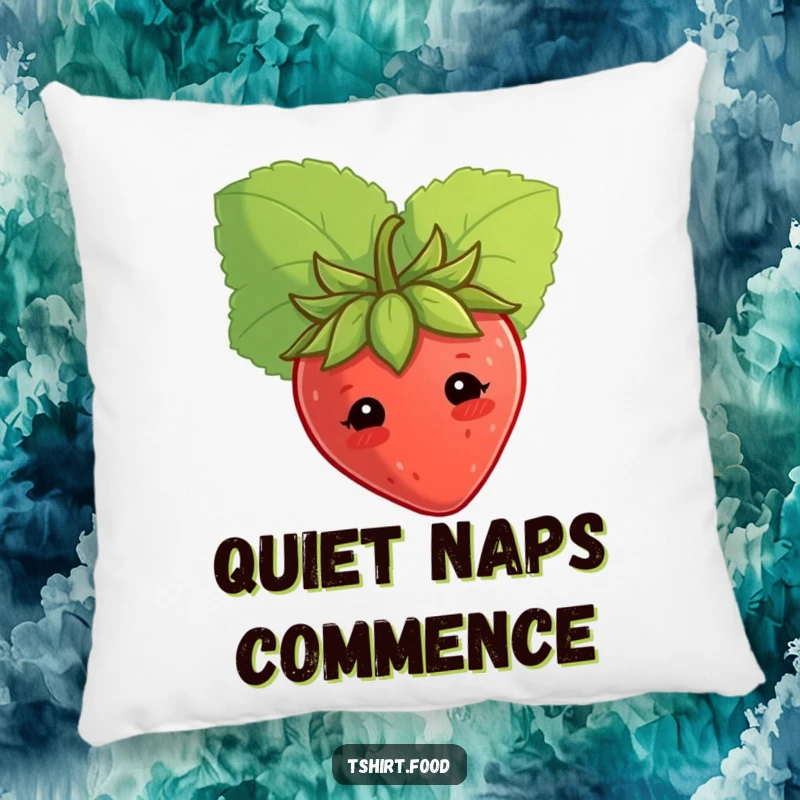 Soft funny shy strawberry pillow, peeking from a leaf, providing comfort and adorable humor. Ideal funny gift.