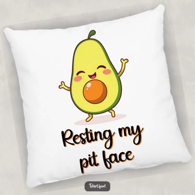Funny pillow featuring a winking avocado character in a happy jig pose, offering comfort and a cheerful, humorous presence.