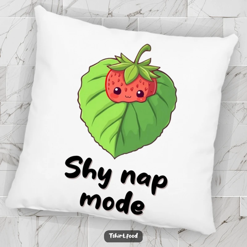 Funny plush pillow featuring a shy strawberry peeking from behind a large leaf, perfect for adding comfort and cuteness.