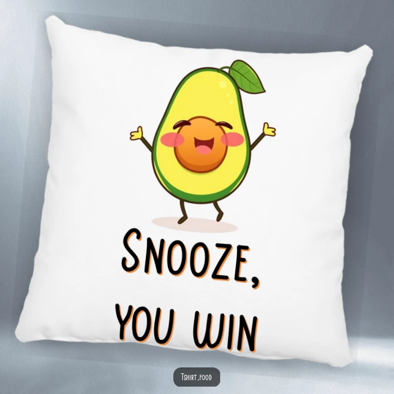 Soft funny winking avocado pillow doing a happy jig, providing comfort and playful food humor. Ideal funny gift.