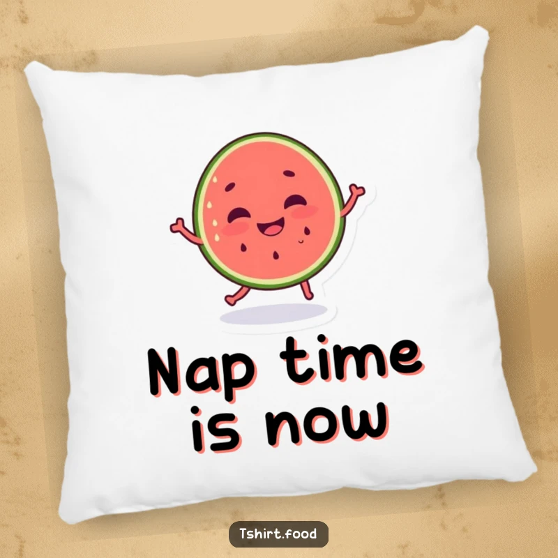 Soft funny dancing watermelon pillow, silly grin radiating cozy comfort and playful humor. Ideal funny gift.