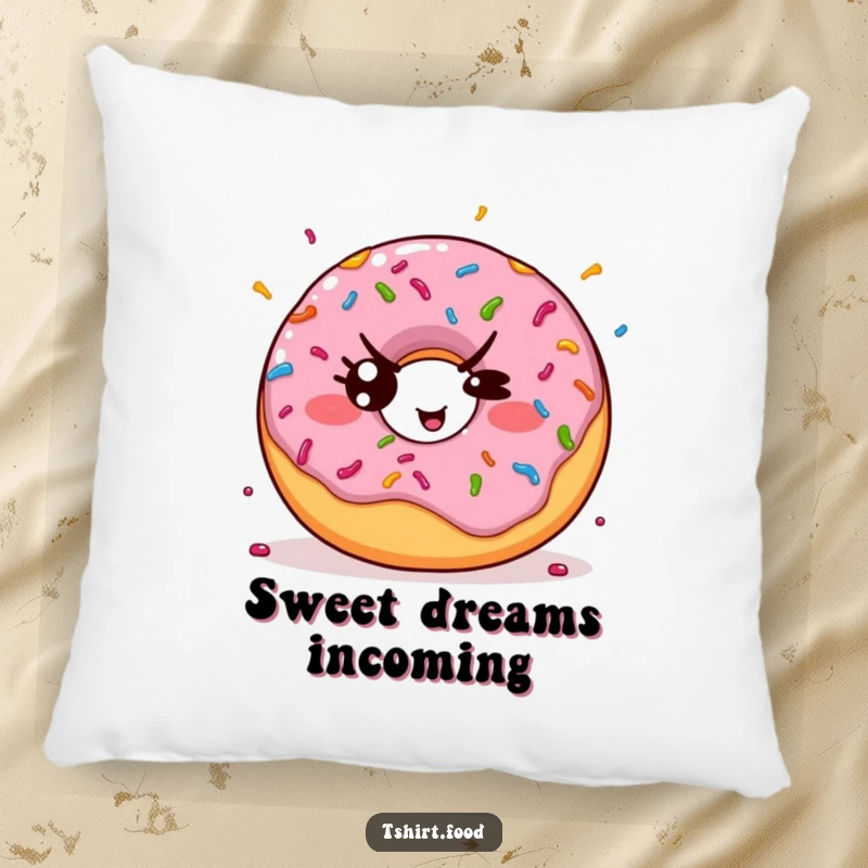 Funny pillow featuring a kawaii donut throwing colorful sprinkles with a mischievous wink, perfect for adding cute comfort and humor.