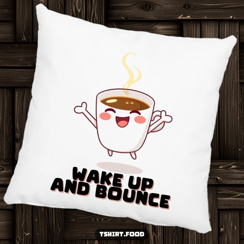 Funny coffee pillow featuring a smiling coffee cup winking and jumping for joy, embodying soft, caffeinated happiness.