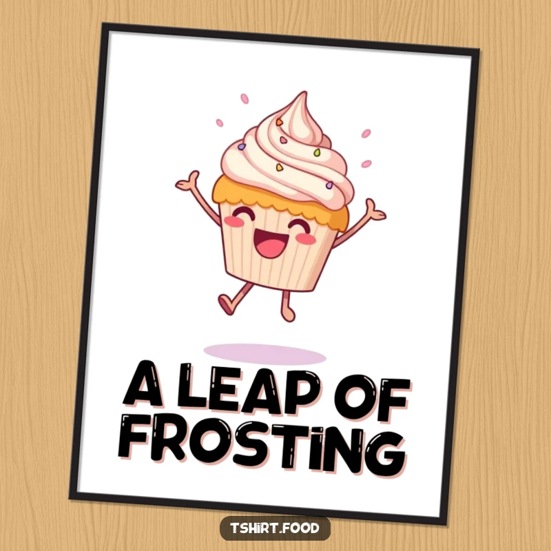 Funny leaping cupcake digital art print of a happy cupcake mid-leap with frosting raining down, full of sweet humor.