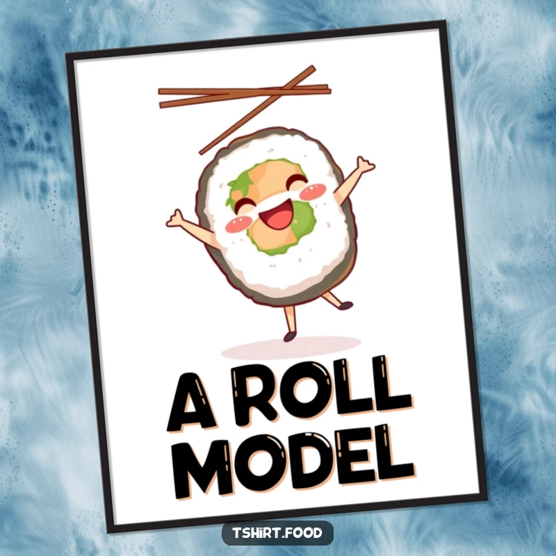 Funny digital art print of a sushi roll doing a joyful cartwheel with chopsticks in the air, offering instant humorous decor.