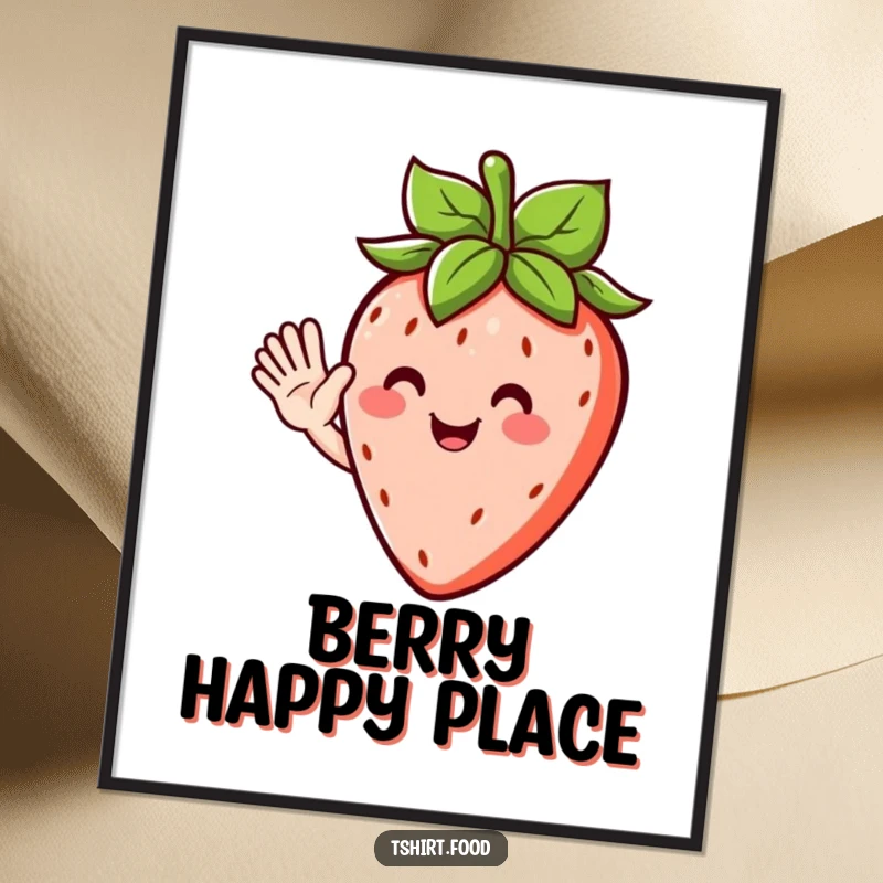 Funny digital art print of a happy strawberry character with leafy hair, waving enthusiastically with a cheerful disposition.
