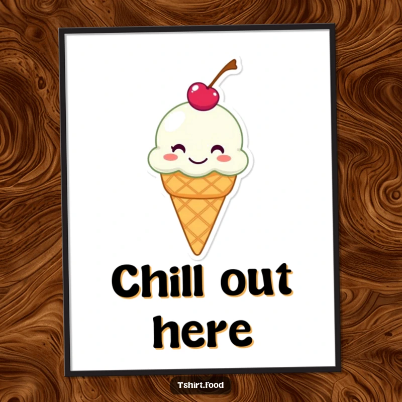 Funny digital art print of a grinning ice cream cone with a cherry on top, humorously sliding, ideal for instant decor.