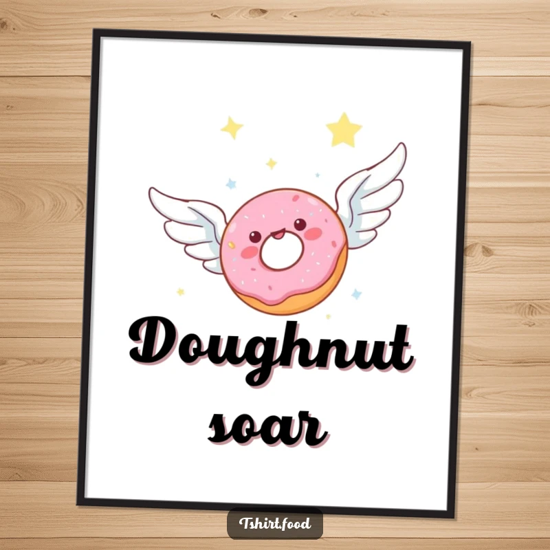 Funny digital art print of a donut with wings joyfully soaring through a beautiful, starlit sky, embodying sweet escape and celestial wonder.