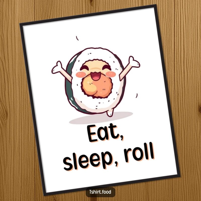 Funny sushi digital art print of a happy sushi roll with arms performing a cartwheel, full of energetic joy.