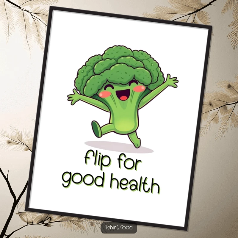 Funny Broccoli Digital Art: A jubilant broccoli character captured mid-cartwheel with arms wide, radiating pure, uninhibited positive energy.