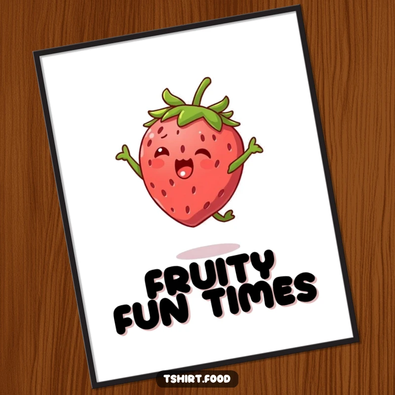 Funny Strawberry Jump Digital Art Print of a happy strawberry character with tiny leaf arms, performing a joyful high jump, ready for display.