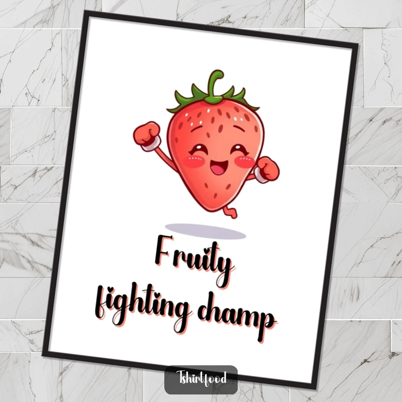 Funny boxing strawberry digital art print of a small fruit jumping with gloves, instant funny gift.