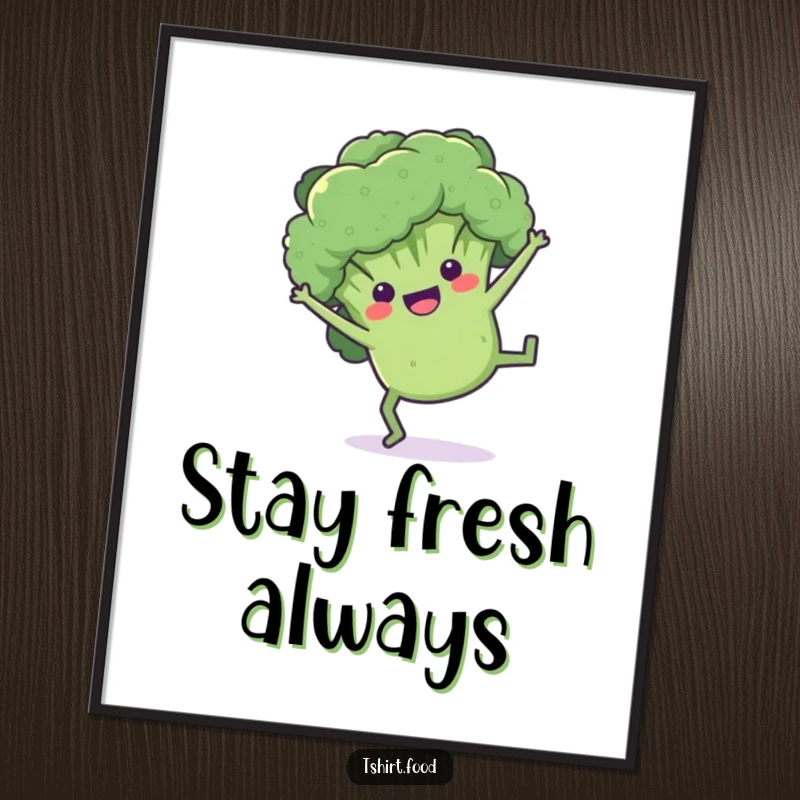 Funny broccoli digital art print of a playful floret doing a cartwheel, bringing vibrant, healthy fun.