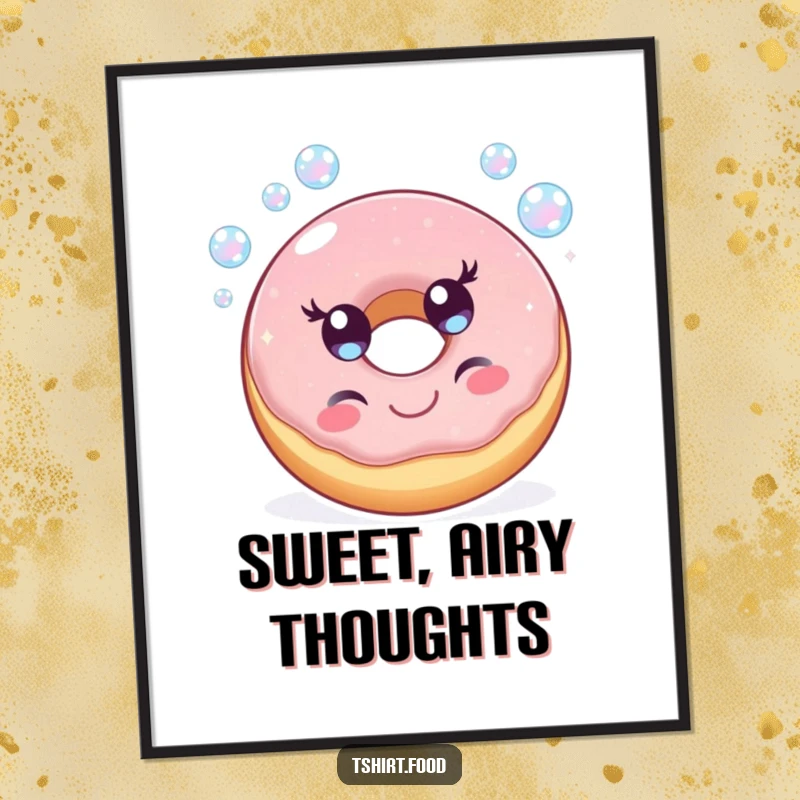 Funny digital art print of a cheerful donut character happily blowing iridescent bubbles, perfect for instant, dessert-themed wall decor.
