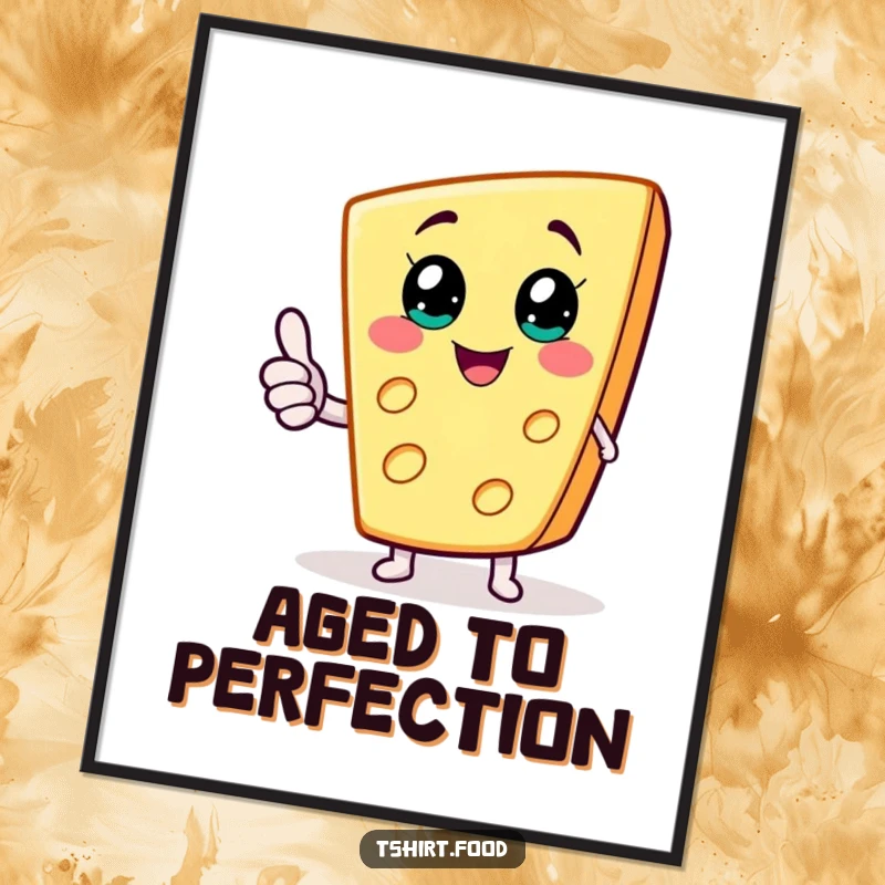 Funny digital art print of a joyful cheese wedge character giving a thumbs up, radiating pure cheesy happiness.