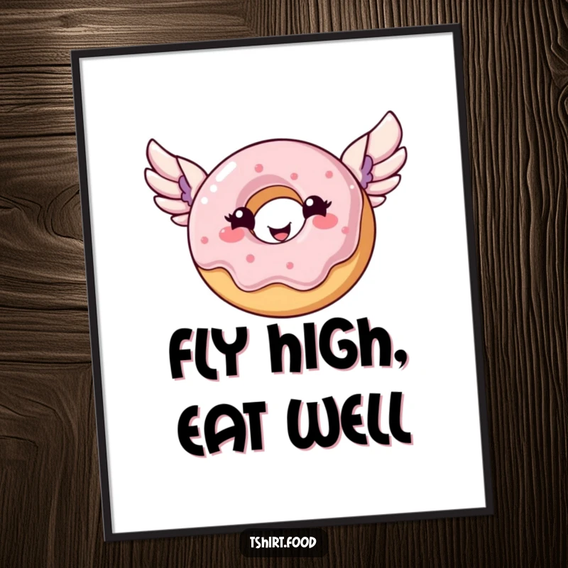 Funny donut digital art print of a happy donut with wings soaring through the air, full of vibrant sweetness.