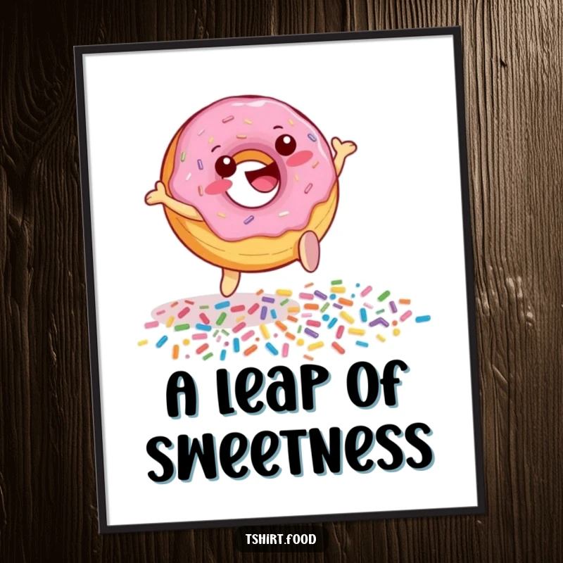 Funny Donut Sprinkle Leap Digital Art Print of a cheerful donut character joyfully jumping over scattered sprinkles, offering a sweet and humorous visual statement.