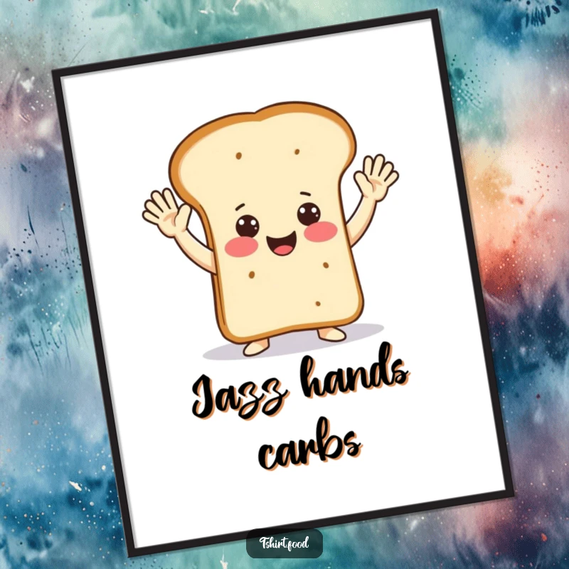 Funny happy loaf of bread doing energetic jazz hands, available as an instant digital art print for cheerful decor.
