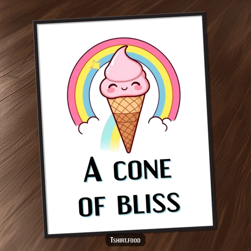 Funny winking ice cream cone sliding down a rainbow digital art print, a cheerful ice cream cone winking as it slides down a colorful rainbow.