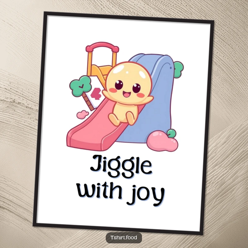 Funny Jelly Slide Digital Art Print of a wobbly jelly character with round eyes, sliding enthusiastically down a slide, ready for display.