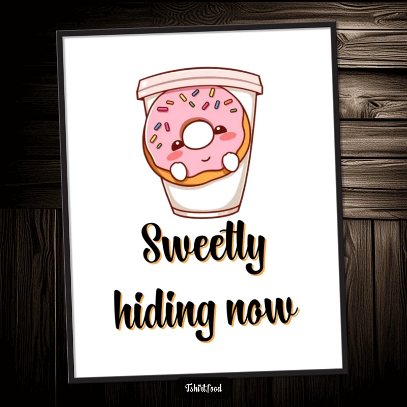 Funny shy donut digital art print of a blushing donut hiding behind a coffee cup, full of sweet, shy humor.
