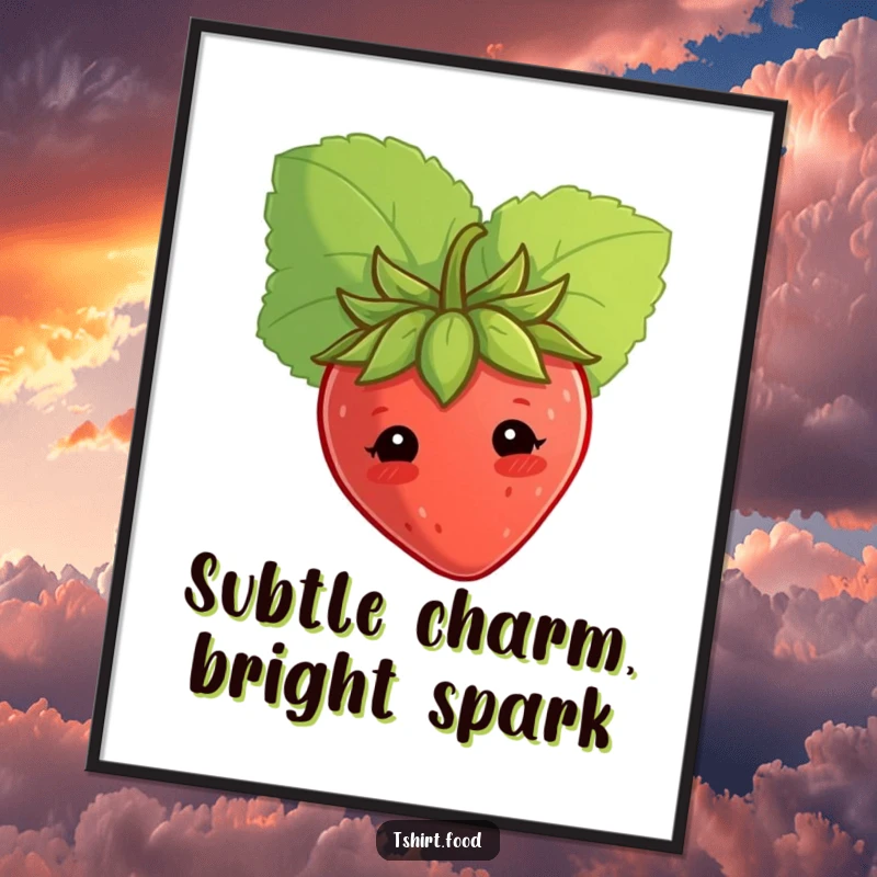Funny shy strawberry digital art print, peeking from a leaf, offering instant cute humor and charm. Perfect funny gift.