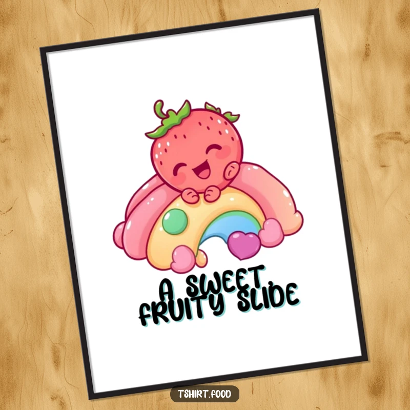 Funny Strawberry Rainbow Digital Art Print of a giggling strawberry character joyfully sliding down a candy rainbow, offering a sweet and humorous visual statement.