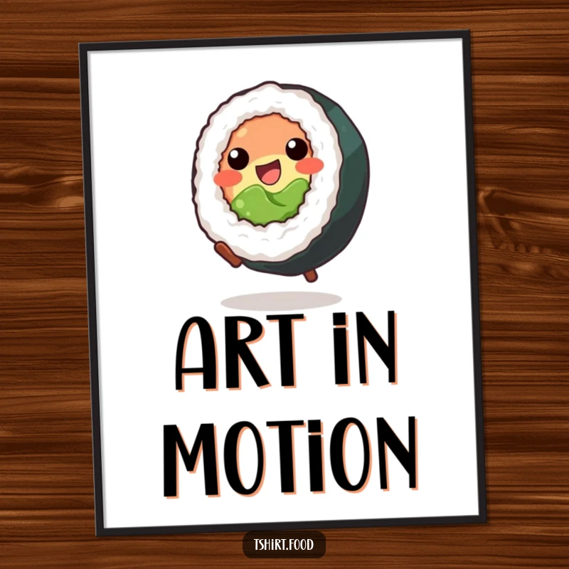 Funny Digital Art Print: A vibrant, smiling sushi roll performing a dynamic cartwheel, capturing pure playful delight.