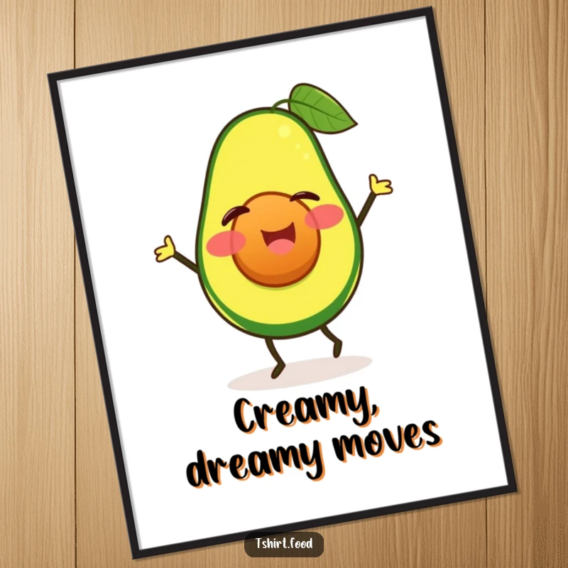 Funny winking avocado digital art print doing a happy jig, bringing instant fun and food humor. Perfect funny gift.
