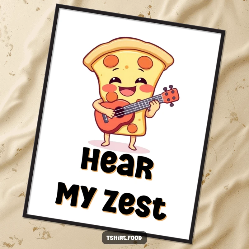 Funny digital art print of a laughing pizza slice playing a small ukulele, bringing instant musical joy and humor to any space. Funny gift.