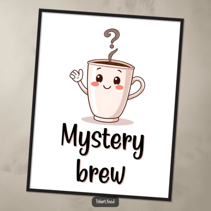 Funny digital art print of a waving coffee cup character, steam forming a question mark, whimsical and intriguing.