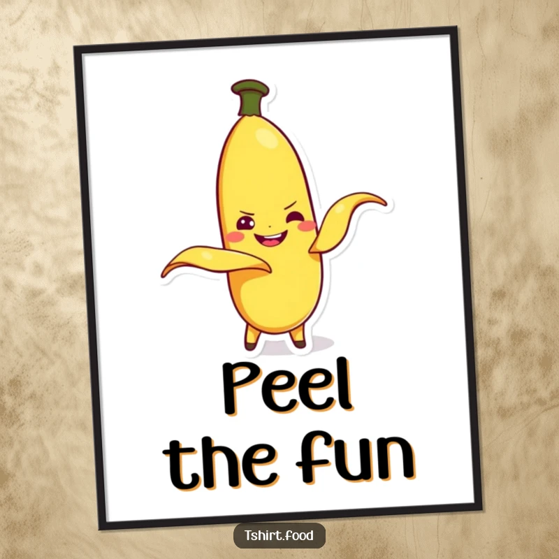 Funny banana character peeling itself with a mischievous grin, as a digital art print. Instant quirky decor.