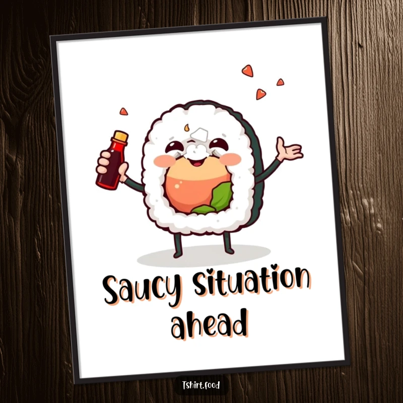 Funny digital art print of a joyful sushi roll character happily juggling a soy sauce bottle, perfect for instant, food-themed wall decor.