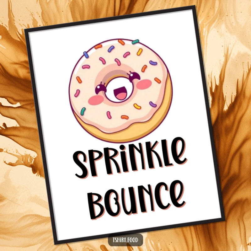 Funny Digital Art Print: A happy donut with colorful sprinkles is captured bouncing energetically, bringing playful sweetness to any space.