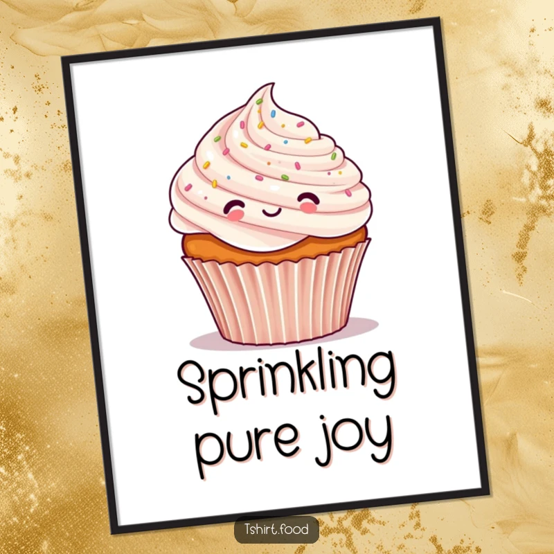 Funny digital art print of a cheerful cupcake character covered in tiny confetti, offering downloadable festive humor.