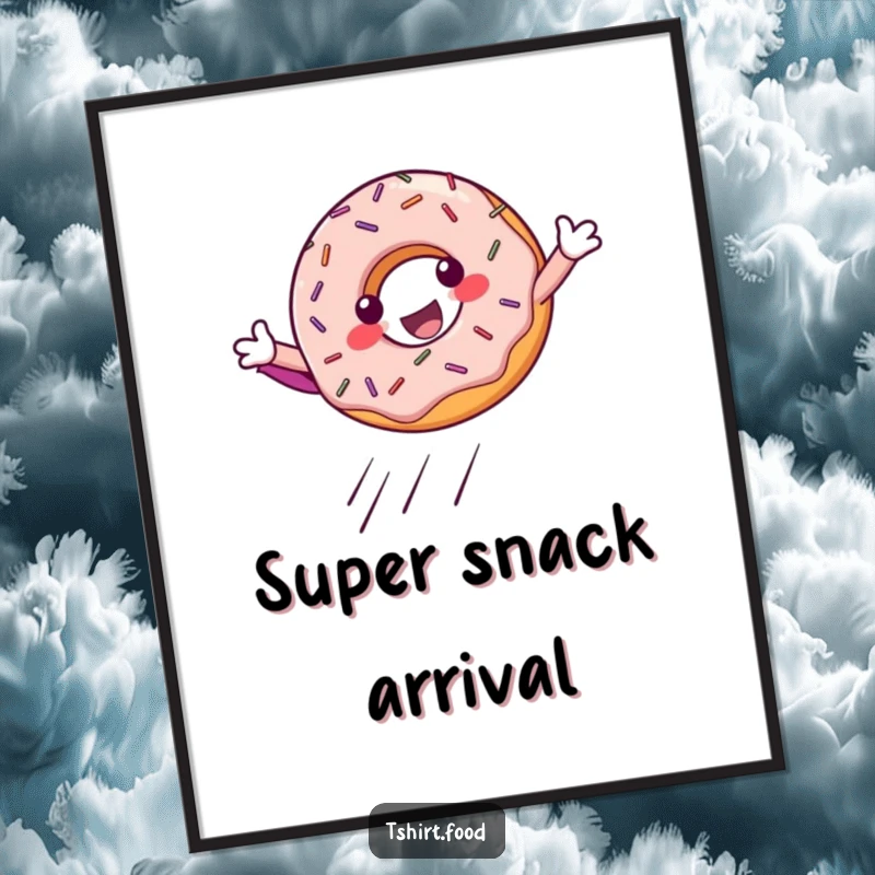 Funny Digital Art Print: A vibrant donut with sprinkles in a dynamic superhero landing pose, capturing sweet power.