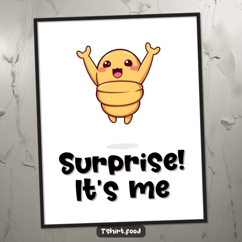 Funny digital art print of a surprised croissant character captured mid-air with arms raised, expressing pure, buttery elation and a playful spirit.