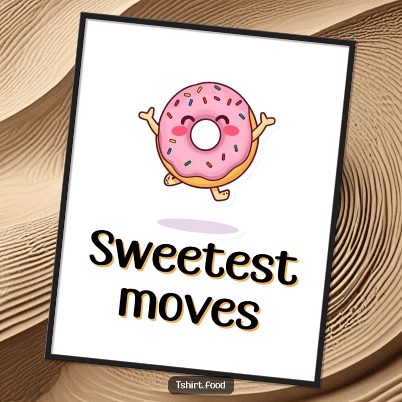 Funny Digital Art Print of a jumping donut character with sprinkles dancing, perfect for instant wall art and sweet decor.