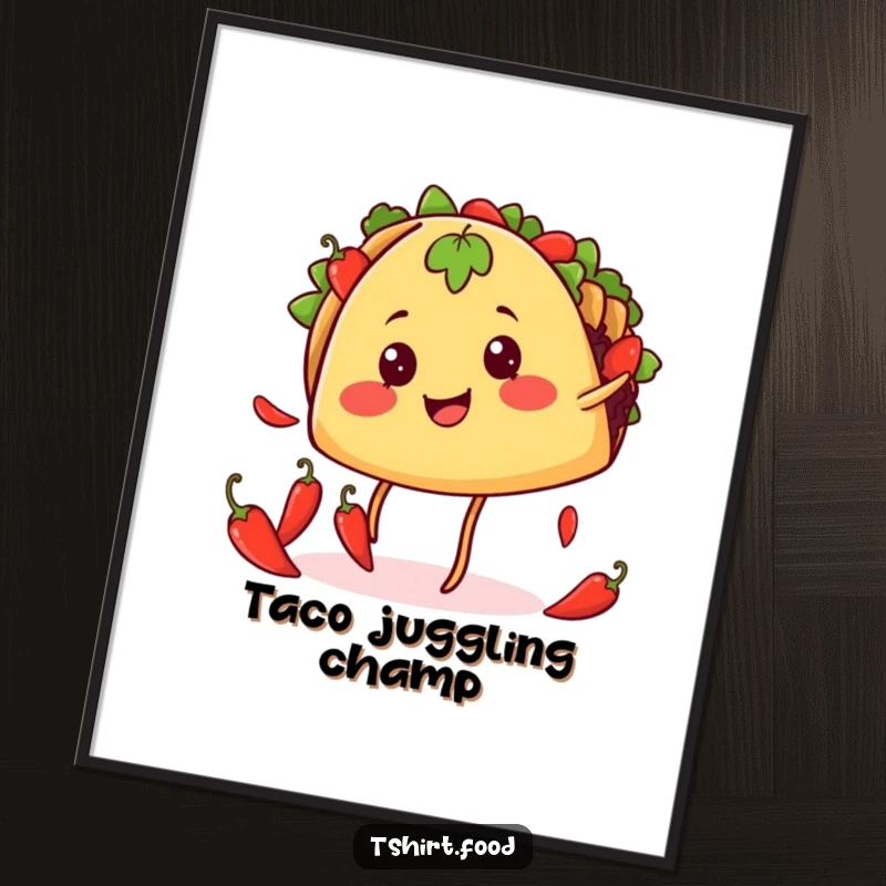 Funny juggling taco digital art print of a smiling taco with legs juggling chili peppers, full of spicy humor.
