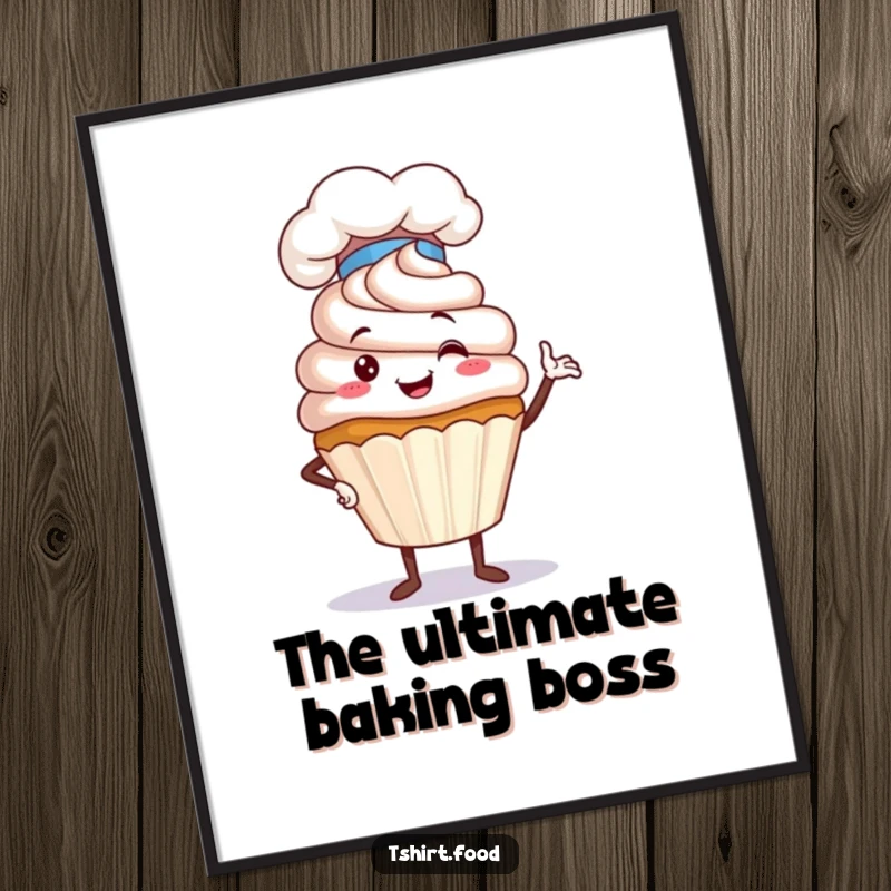 Funny Cupcake Chef Digital Art Print of a proud cupcake character in a chef hat striking a humorous pose, offering a confident and funny visual statement.