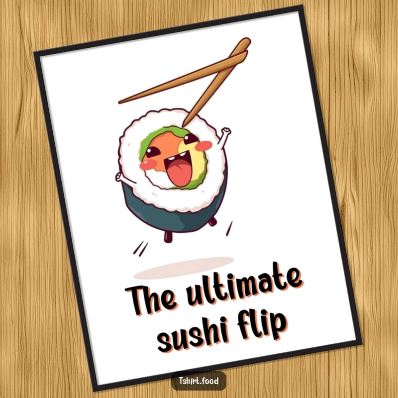 Funny Sushi Cartwheel Digital Art Print of an excited sushi roll mid-cartwheel with chopsticks flying, offering a humorous and lively visual statement.